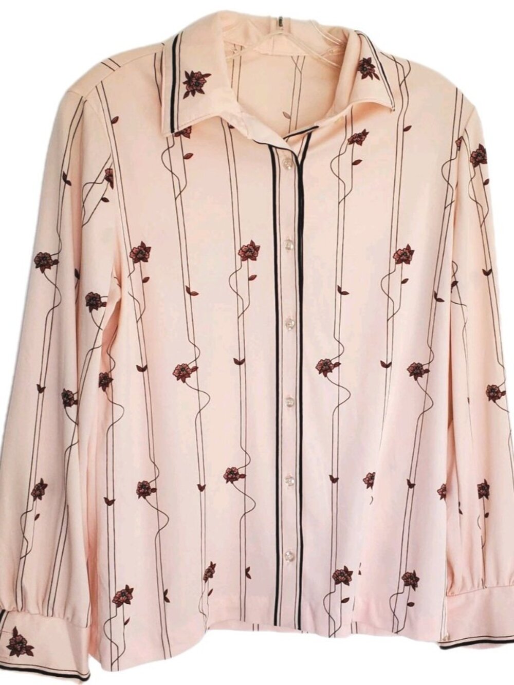 Vtg 70s Peach Floral Stripe Blouse Button Up Secretary Disco Shirt Retro Sz L